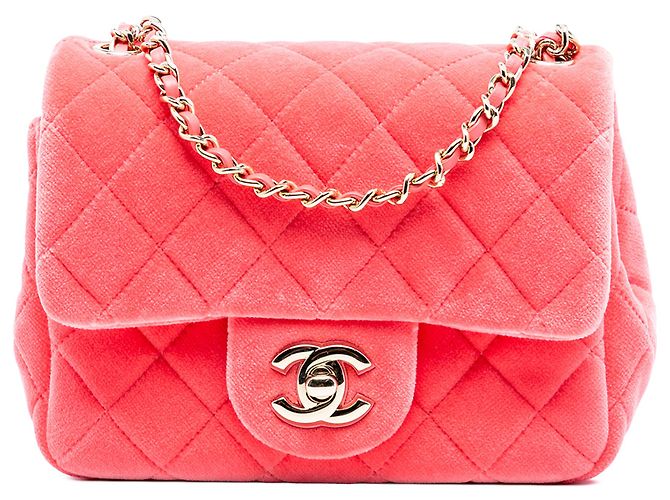 Chanel Mini Quadrado Clássico Veludo Rosa Pérolas Amassadas Flap Único