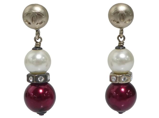 Pendientes colgantes de metal Chanel Coco Mark Blanco Dorado Burdeos