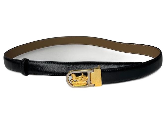 Céline Schwarzer Gürtel mit Vintage Celine Paris Wagenlogo