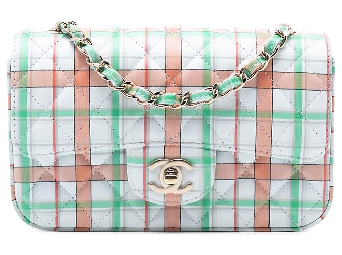 Chanel Mini Retangular Verde Clássico Impresso em Couro de Bezerro com Aba Única Verde claro