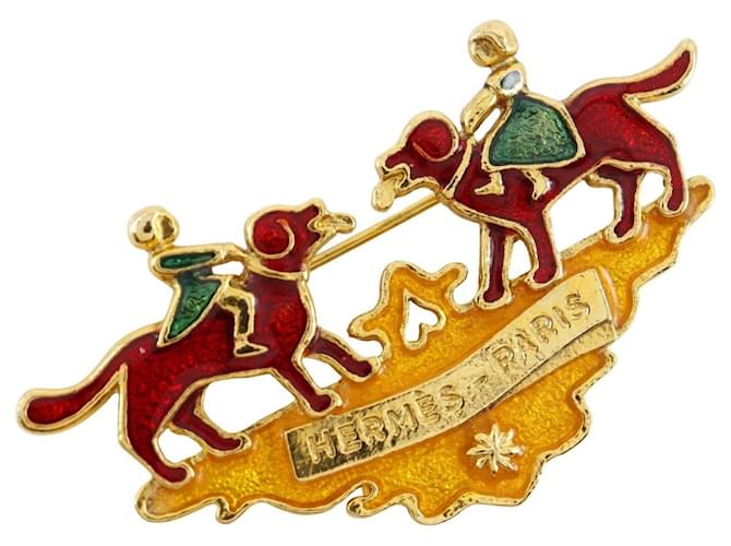 Hermès Hermes Cloisonne Girl & Dog Brooch Red Golden Green 