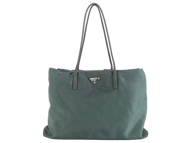 Borsa a spalla in nylon tessuto nero e verde scuro con logo Prada