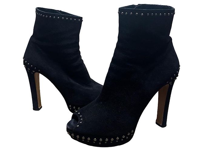 2000s Prada Milano - Vintage suede booties with silver pearl studs Black Silvery