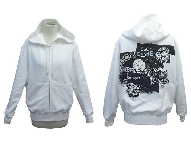 NOVO PULL CHANEL P63299 MOLETOM COM CAPUZ GRAFFITI COCO CAMBON M 50 Branco