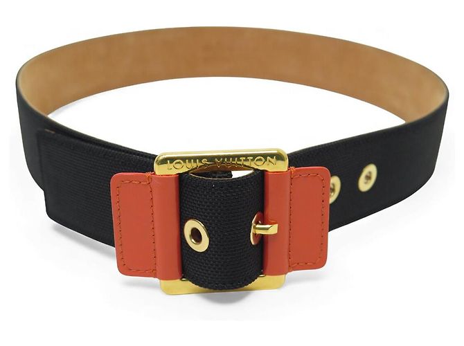 NEUER LOUIS VUITTON SCHWARZER CANVAS- & ZIEGELLEDERGÜRTEL T80