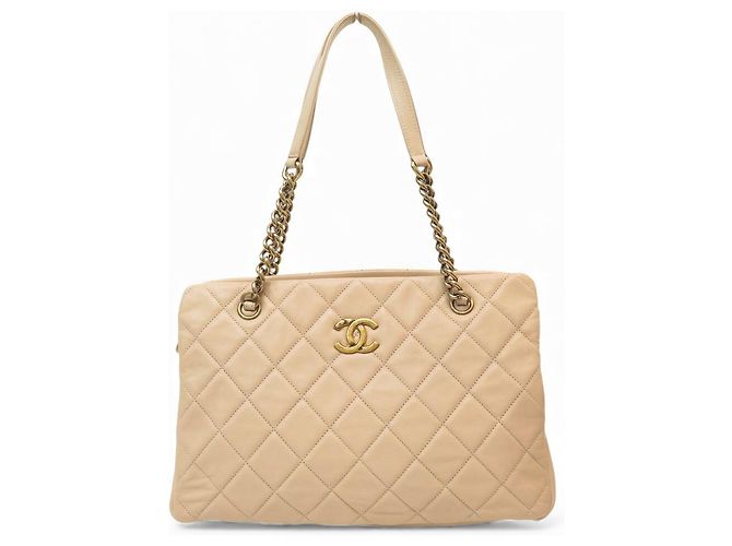BOLSA DE MÃO CHANEL CROWN TOTE CABAS COURO MATELASSÉ BEGE
