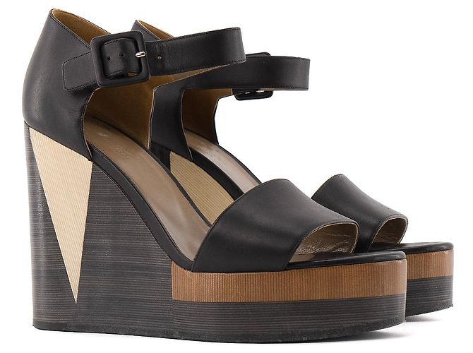 HERMÈS - Sandali con zeppa Hermès in pelle nera e legno (T38) Nero