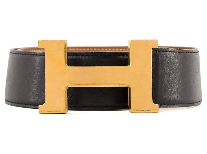 HERMÈS - Cinto H Hermès em couro preto (T80) Marrom