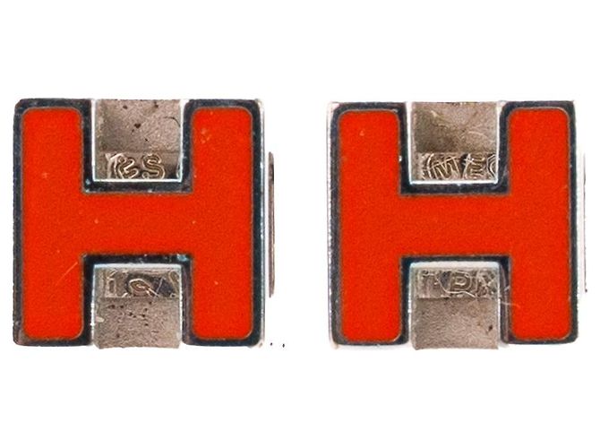 HERMÈS - Brincos Cage d'H Hermès em metal prateado e esmalte laranja Prata 