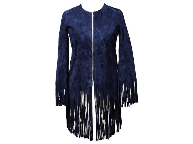 Giacca Sandro in pelle di capra blu navy con frange