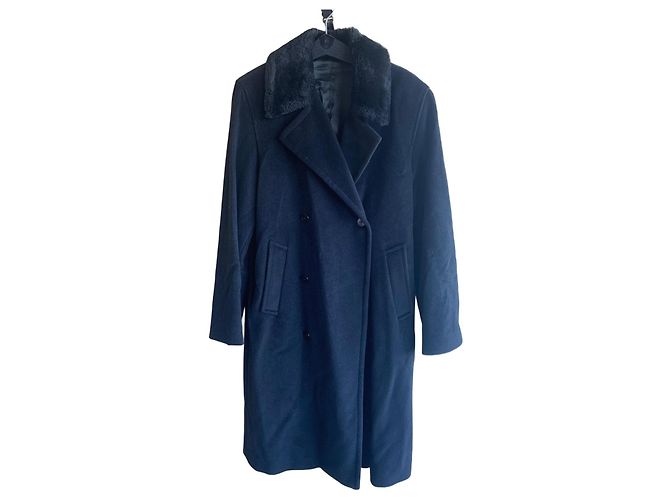 Agnès b. Wool Coat with Synthetic Fur Collar Black Size 52