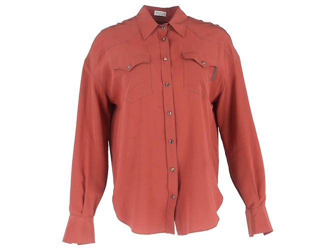 Camicia in seta rossa Crepe de Chine di Brunello Cucinelli Rosso
