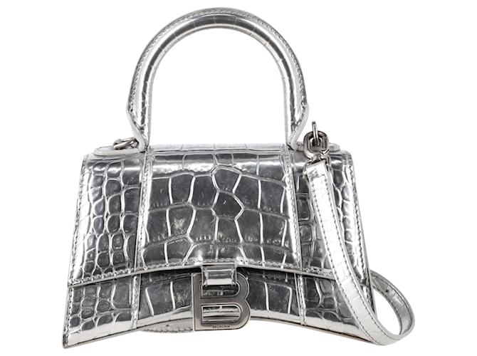 Balenciaga Hourglass XS Croc-Embossed Handbag in Metallic Silver Leather Silvery Pony-style calfskin  ref.2645445