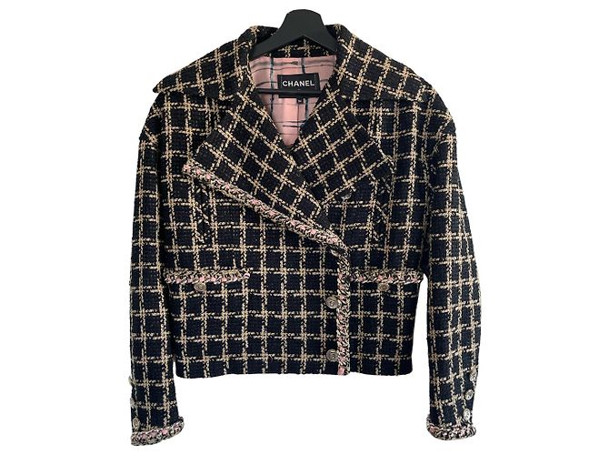 Giacca Chanel in tweed nero seta e cotone