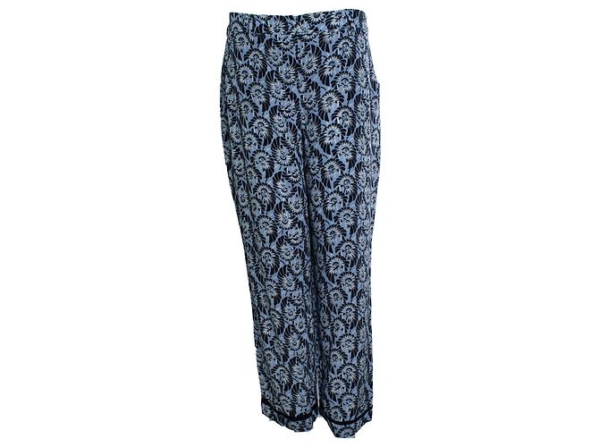Calça casual de seda estampada floral azul Prada Preto