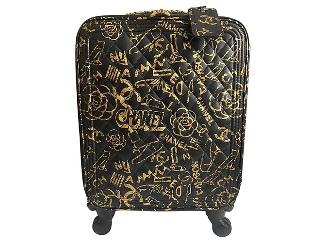 Rare sac de voyage trolley Chanel 19A Paris New York Egypte Graffiti à main Noir Doré Bijouterie dorée