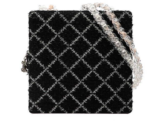 Bolsa de compras com corrente zíper em tweed preto e resina Chanel