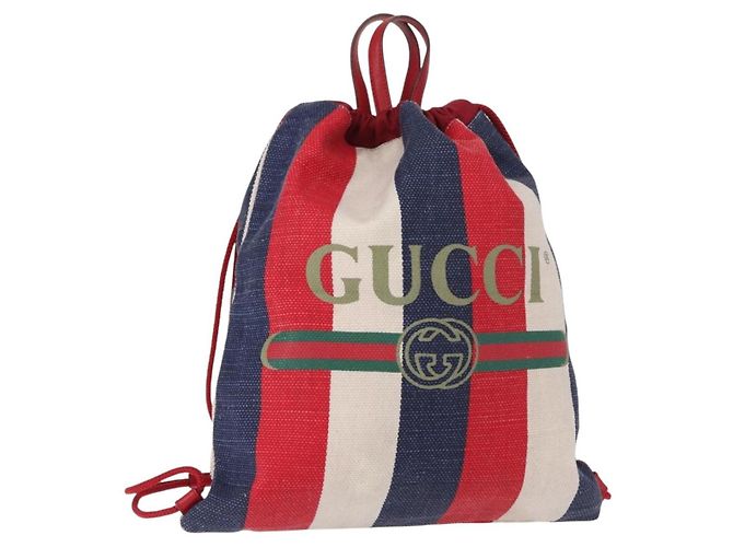 Gucci Logo Drawstring Backpack Striped Canvas Large Blue