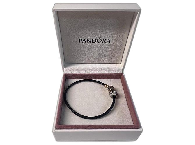 Pandora Pulseira de couro trançado preto com pingentes Prata