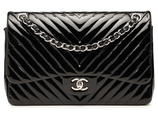 Chanel Noir Jumbo Classique Chevron en Cuir Verni Double Rabat