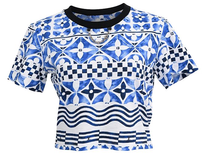 Twist Camiseta de cuello redondo en algodón azul con estampado Monogram Louis Vuitton