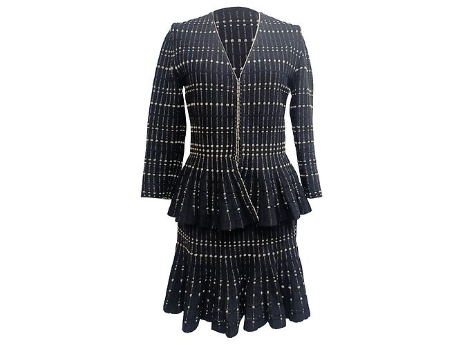 Gestreiftes Peplum-Cardigan- und Midi-Rock-Set aus schwarzer Viskose von Alexander McQueen