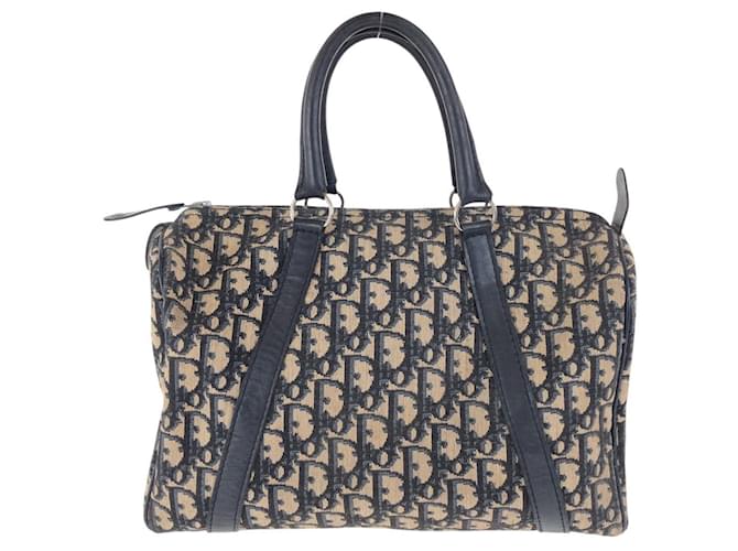 Dior Trotter Canvas Leather Boston Bag Blue Beige Navy blue Cloth  ref.2654051