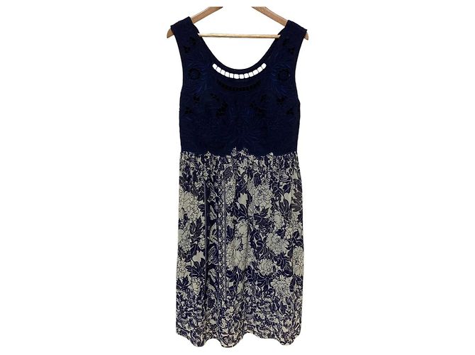 Autre Marque Leinen-Spitzenkleid VIVIENNE TAM Weiß Blau Marineblau