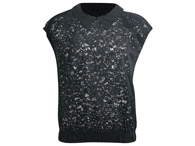 Schwarze Baumwollbluse mit Spitzenbund Sandro