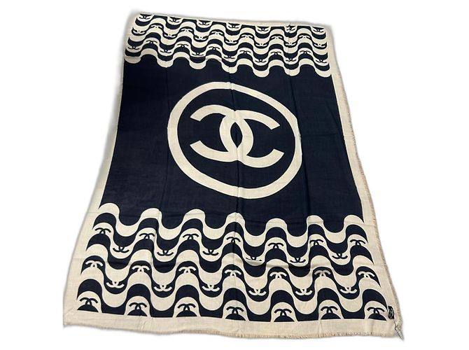 Chanel Cashmere and Silk Stole Navy Blue and Ecru