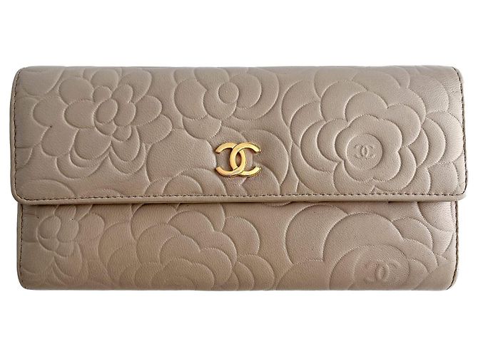 Timeless Chanel Camellia Lambskin Leather Embossed Long Flap Wallet Grey