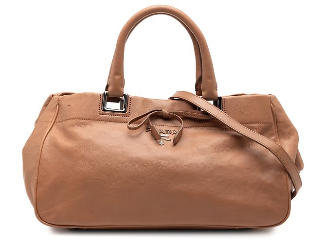 Borsa a tracolla in vitello marrone con nastro Prada Caramello