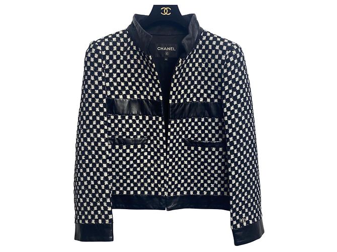 Chanel 17B Metropolitan Checker Sequin Leather Trim Zip Up Jacket FR 42 Black White