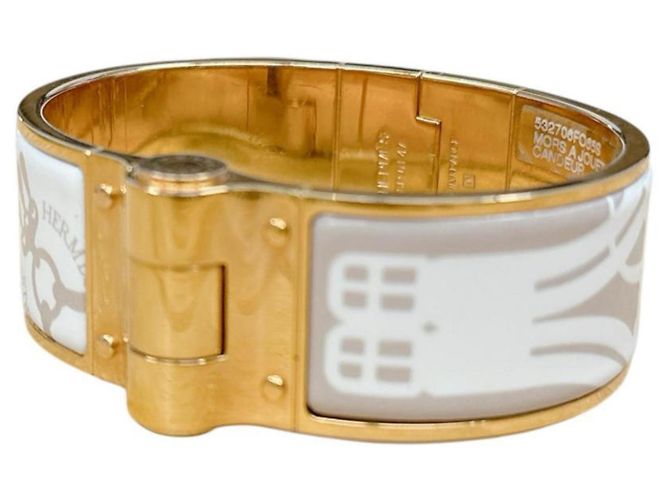 Pulseira Bangle Charnière Hermès Branco Bege Dourado 