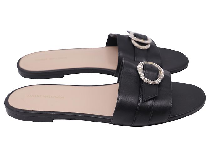 Stuart Weitzman Crystal-Embellished Slides in Black Leather