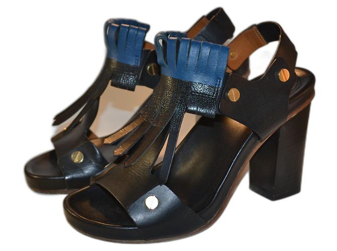 Sandali Chloé in pelle neri e blu con frange taglia 37 Nero