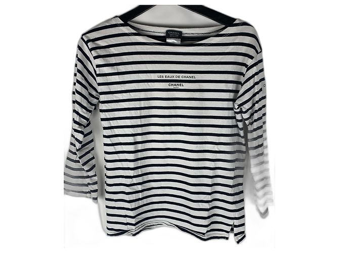 Camisa Chanel Listrada de Algodão Branco e Azul Marinho