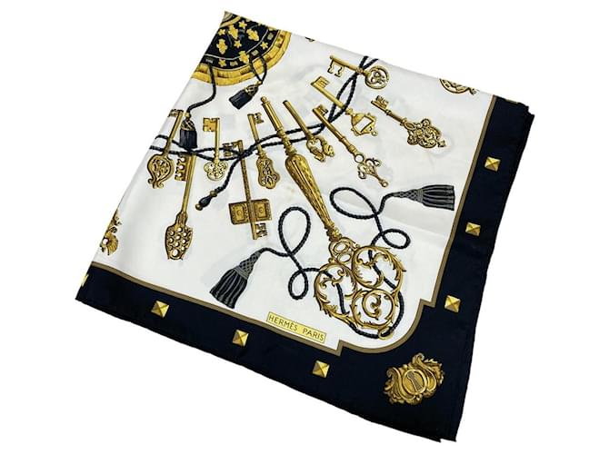 Écharpe Hermès Carré90 LES CLES Coton Blanc  ref.2665191