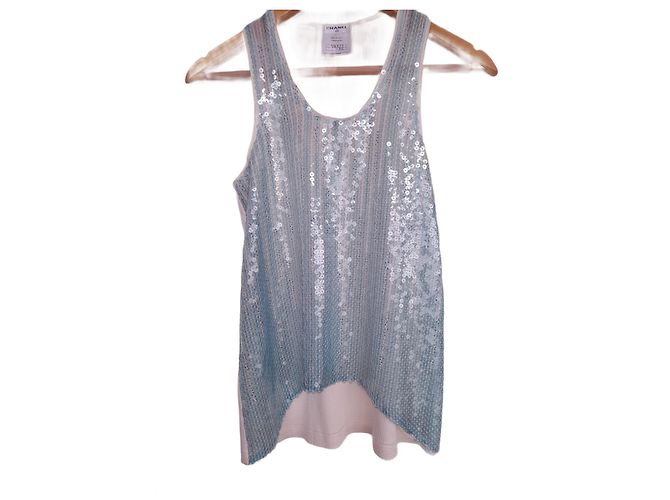 Chanel Sequins Ribbed Tank Top Light Blue
