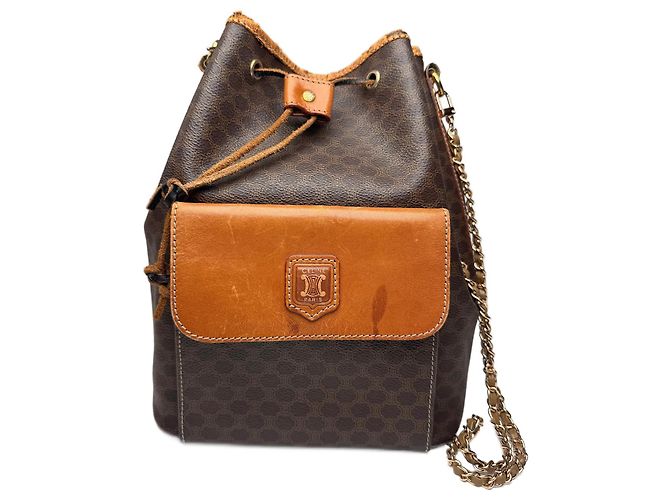 Triomphe Céline Vintage Celine Paris Monogramm Leder Eimer Tasche Braun