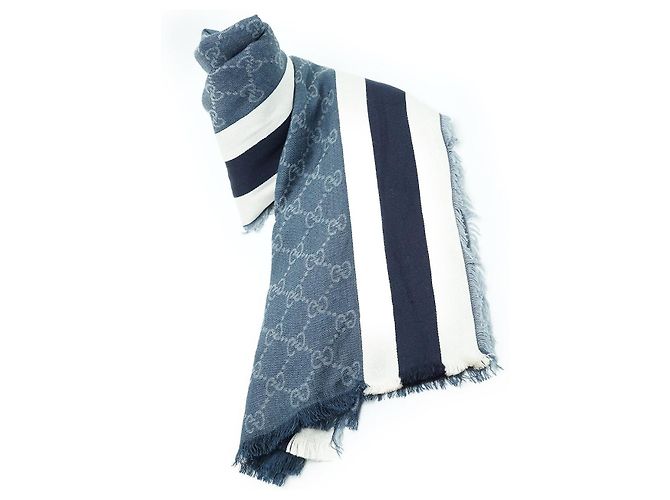 Gucci Chal de seda y algodón con flecos GG Azul