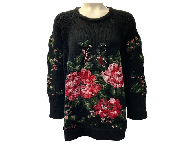 Schwarzer Cashmere-Girocollo-Pullover mit Blumenmuster von Lamberto Losani