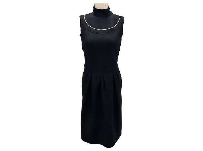 Vestido midi sem mangas de lã preta com gola alta Prada Preto