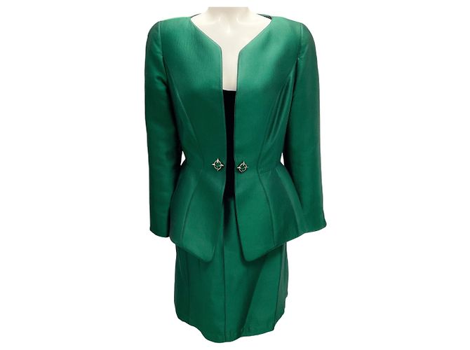 Completo giacca e gonna in seta verde vintage Thierry Mugler