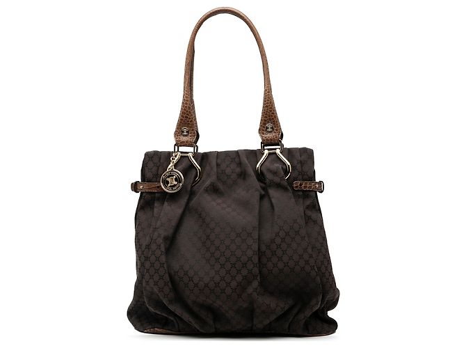 Céline Celine Brown Embossed Leather Trimmed Macadam Canvas Vertical Tote Dark brown