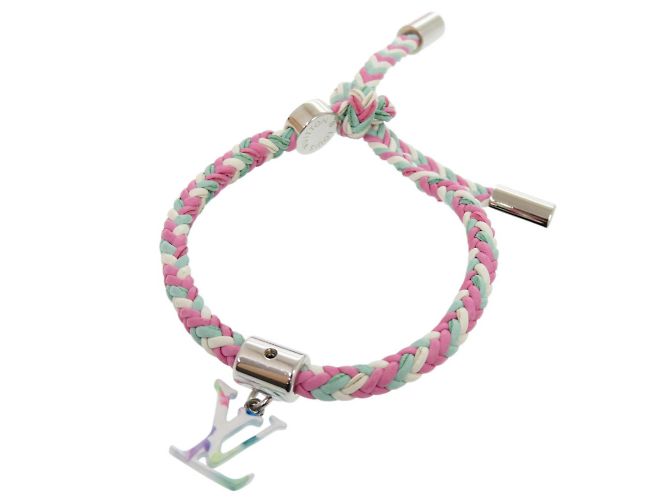 Pulseira de couro Louis Vuitton com charm Rosa Branco Multicor Verde