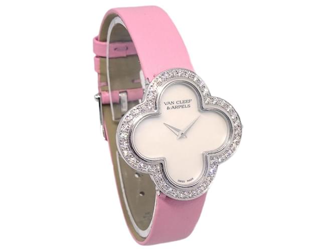 Van Cleef & Arpels Alhambra Quartz Watch White Gold and Satin with Diamond Bezel and Mother of Pearl 26 