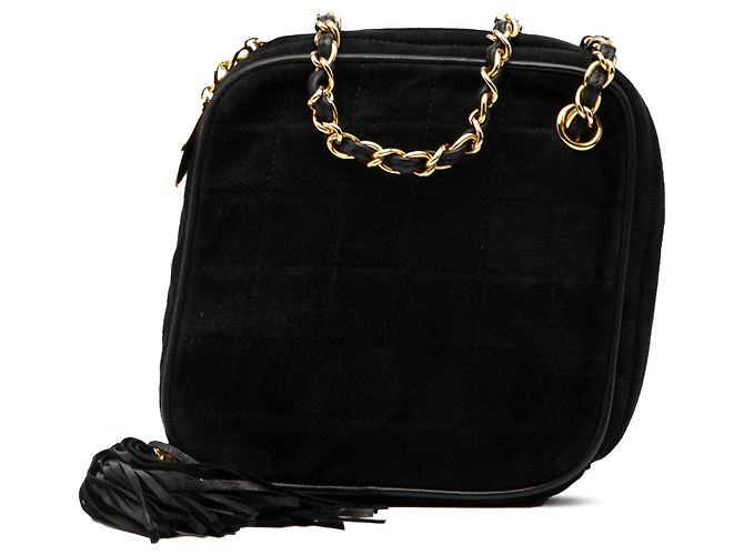 Sac à franges en daim matelassé noir CC de Chanel