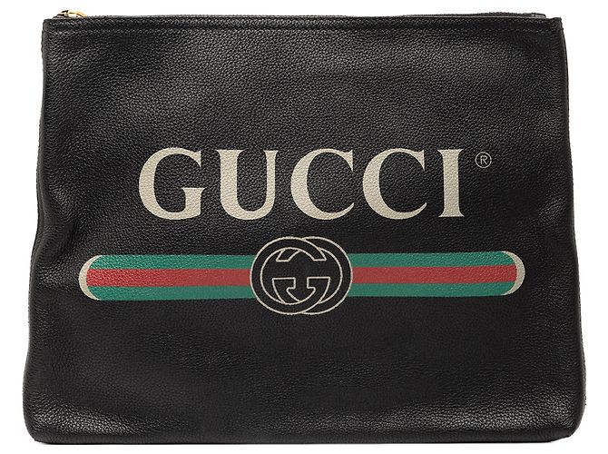 Schwarze mittelgroße Leder-Logo-Clutch von Gucci
