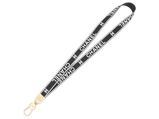 Chanel Coco Mark Canvas Neck Strap Black White Cloth